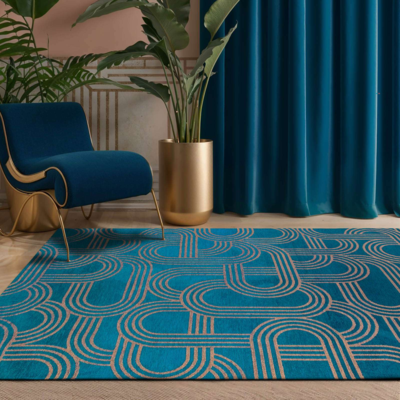 Vloerkleed Disco donkerblauw met geometrische lijnen en cirkels