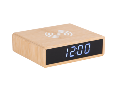 Wekker Fat met telefoonlader LED bruin bamboe