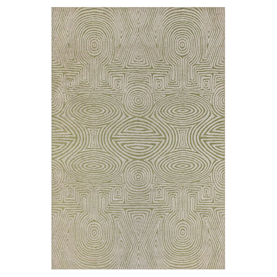 Geometrisch groen vloerkleed Tabasco met cirkels en labyrinten in goudgeel