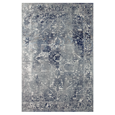 Vloerkleed Heris blauw met sierlijke motieven in het midden, vervaagde kleuren en texturen, antieke look