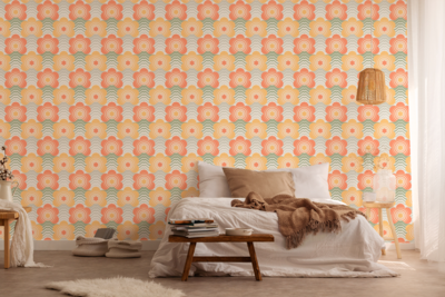 Retro vliesbehang met golven en bloemmotieven – oranje, geel, groen