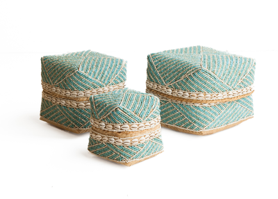 Offermanden hoog kraaltjes schelpen - set van 3 turquoise creme