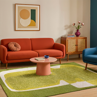 Rechthoekig groen tapijt met abstract patroon en geometrische vormen