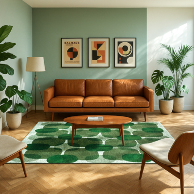 Groen tapijt met willekeurige, ronde vormen en een "Café" bonenmotief