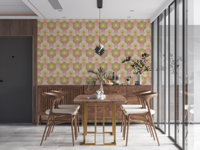 Retro bloemmotief op licht gestructureerd behang – roze, groen, crème