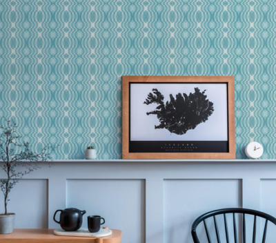 Retro behang met een geometrisch patroon - blauw, crème, wit