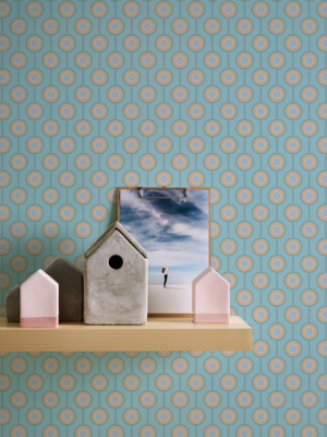 Retro cirkelpatroon op licht gestructureerd vliesbehang– turkoois, blauw, beige