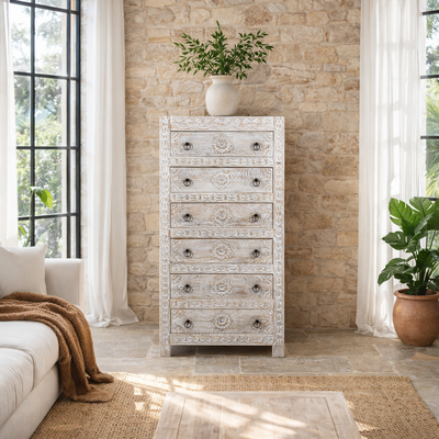 Abhi - Handgesneden Mangohouten Ladenkast Wit
