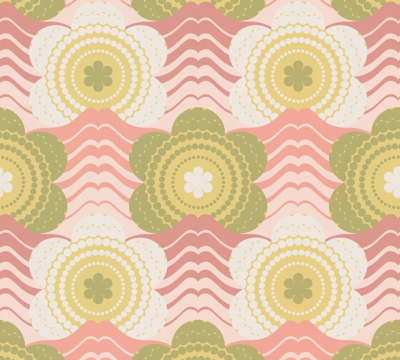 Retro bloemmotief op licht gestructureerd behang – roze, groen, crème