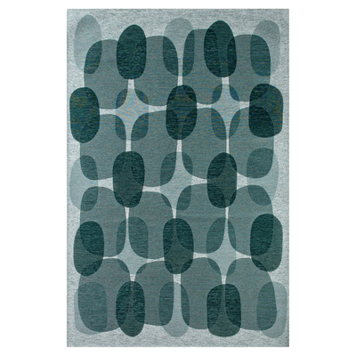 Groen en blauw tapijt met willekeurige, ronde vormen en een "Café" bonenmotief