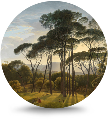 Rond schilderij aluminium Italiaans landschap met parasoldennen