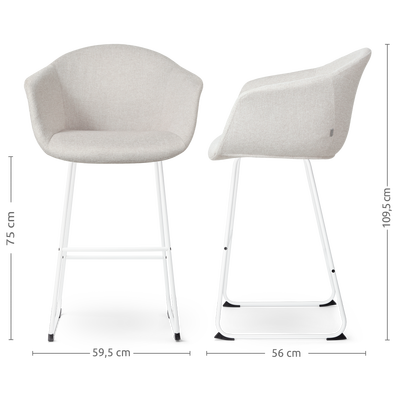 Barkruk Nino-Otis gestoffeerd wit onderstel met armleuningen (zithoogte 65 cm)