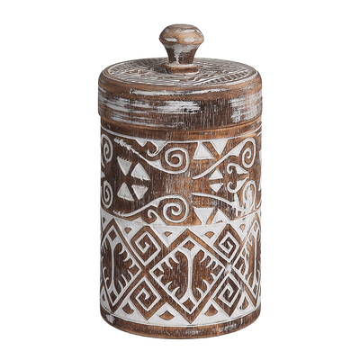 Houten pot Borneo met deksel burned/wit