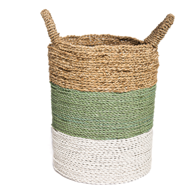 Zeegras waterhyacint gevlochten mand natural/groen-grijs/wit