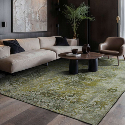 Vloerkleed Heris groen met sierlijke motieven in het midden, vervaagde kleuren en texturen, antieke look