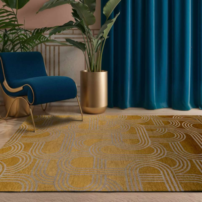 Vloerkleed Disco geel met geometrische lijnen en cirkels