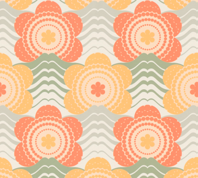 Retro vliesbehang met golven en bloemmotieven – oranje, geel, groen