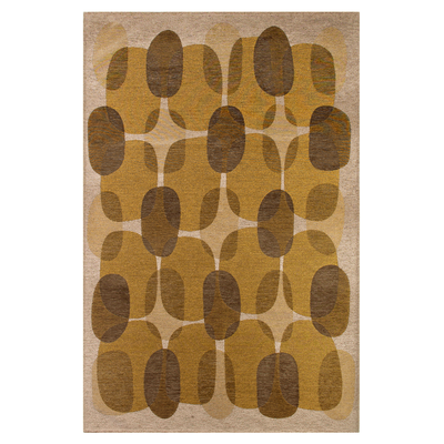 Geel tapijt met willekeurige, ronde vormen en een "Café" bonenmotief