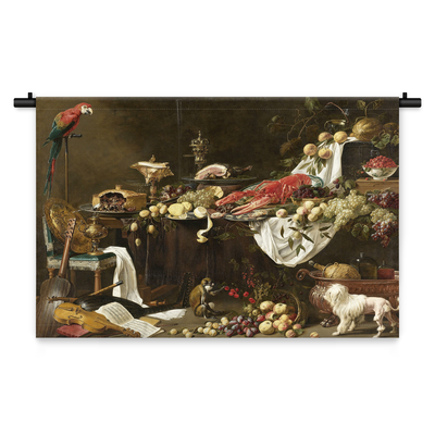 Wandkleed Stilleven met hond en papegaai