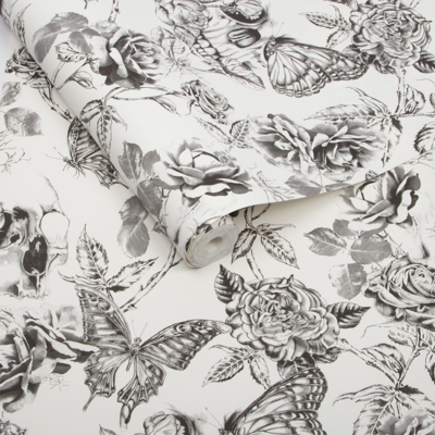 Graham &amp; Brown  vliesbehang  Skull Roses  Zwart/Wit