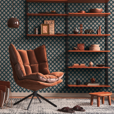 Retro behang met een lichte structuur en cirkelpatroon - blauw, geel, roze
