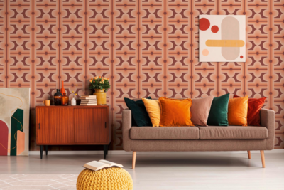Vliesbehang met abstract patroon in retrostijl – rood, oranje