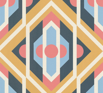 Vliesbehang geometrische ornamenten in retrostijl – blauw, geel, rood