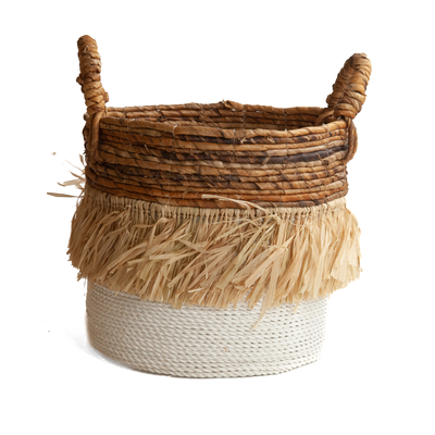 Zeegras raffia gevlochten mand natural/wit