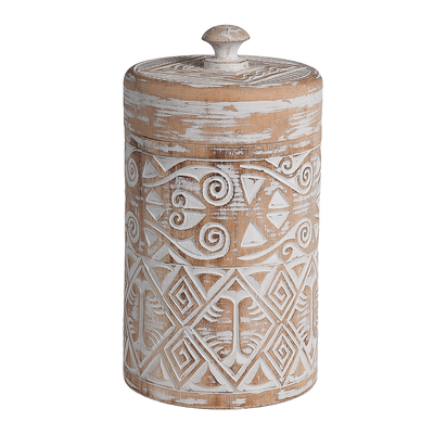 Houten pot Borneo met deksel naturel/wit