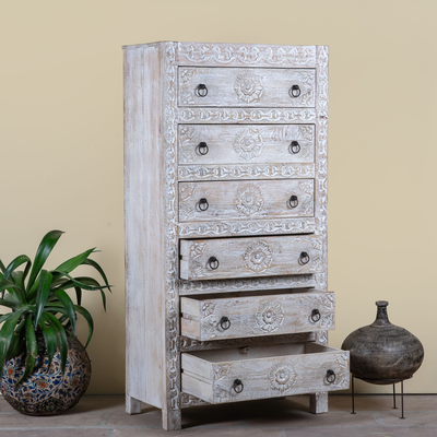 Abhi - Handgesneden Mangohouten Ladenkast Wit