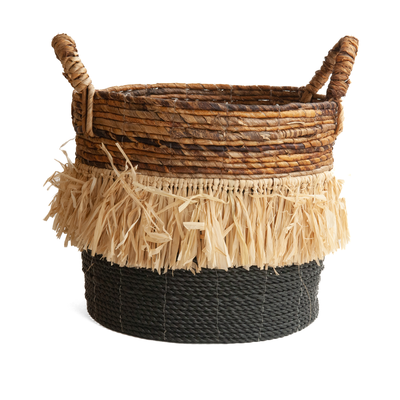 Gevlochten mand natural/zwart, zeegras met raffia